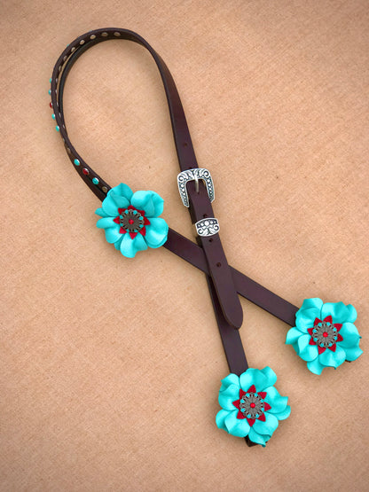 Chocolate Split Ear Headstall with Turquoise Posies