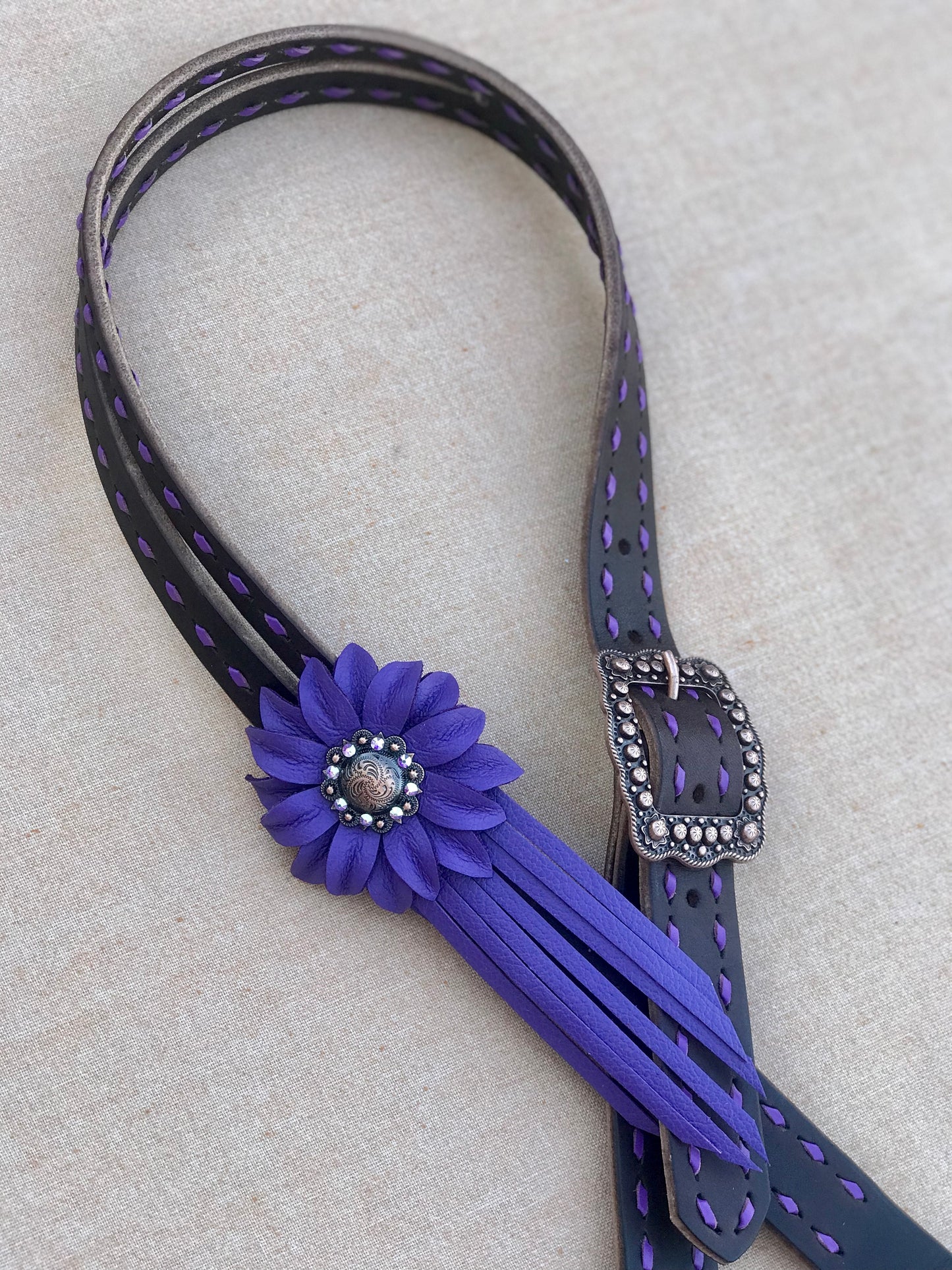 Chocolate Headstall with Purple Buckstitch + Matching Punchy Posey