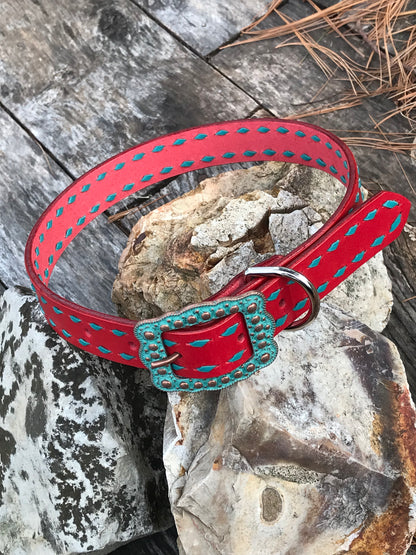 1” Red Leather Dog Collar with Turquoise Buckstitch