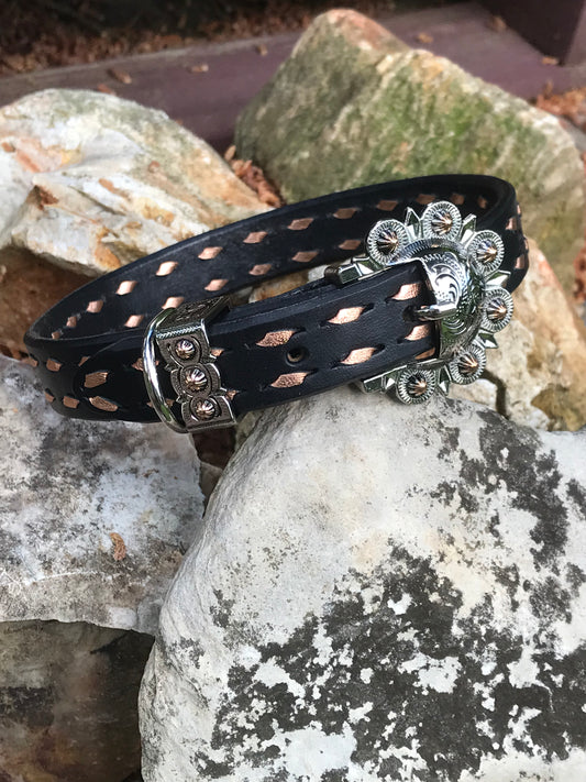 Black Leather Dog Collar with Rose Gold Buckstitch