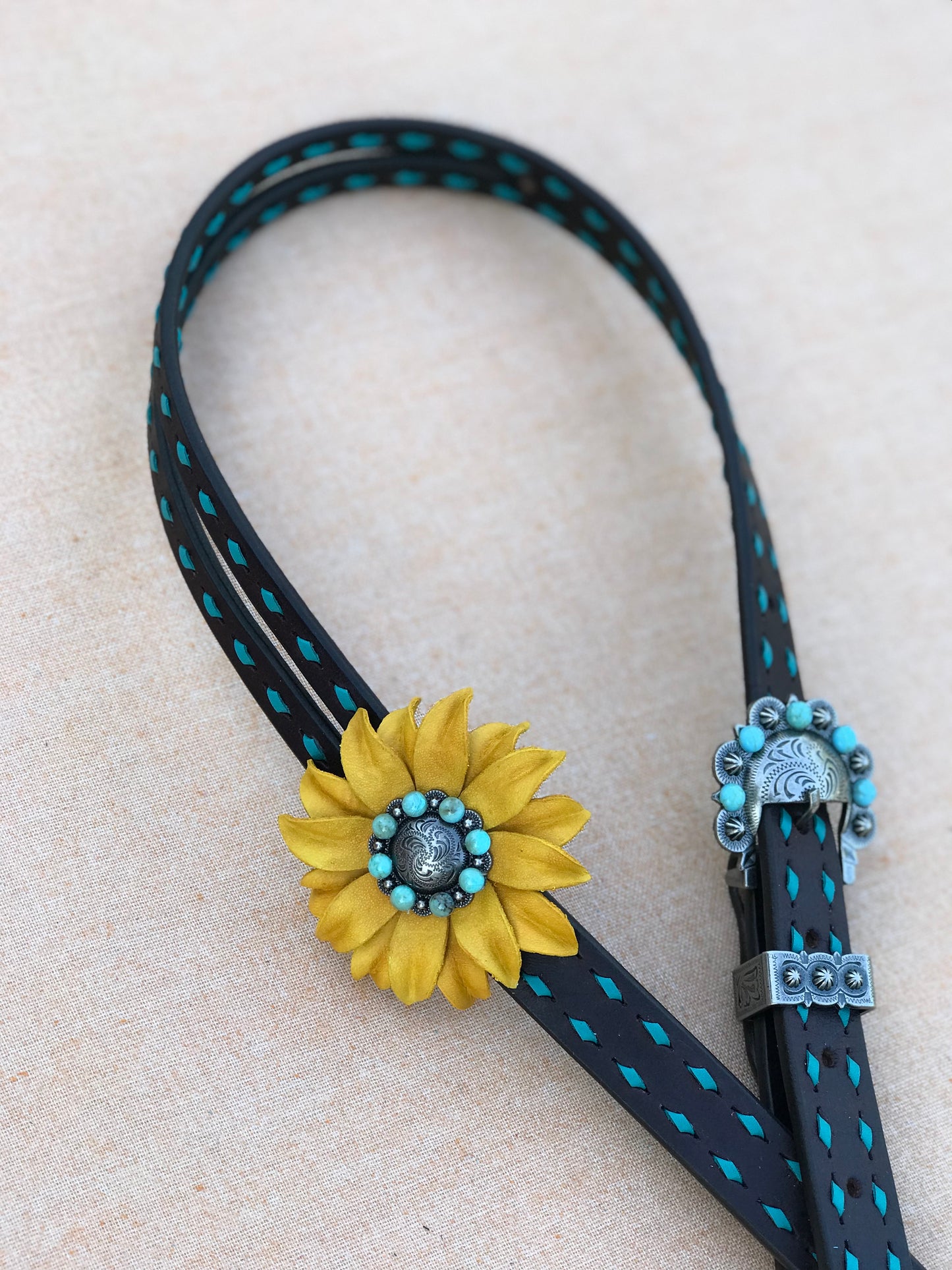 Chocolate Headstall with Turquoise Buckstitch and Sunflower Posey