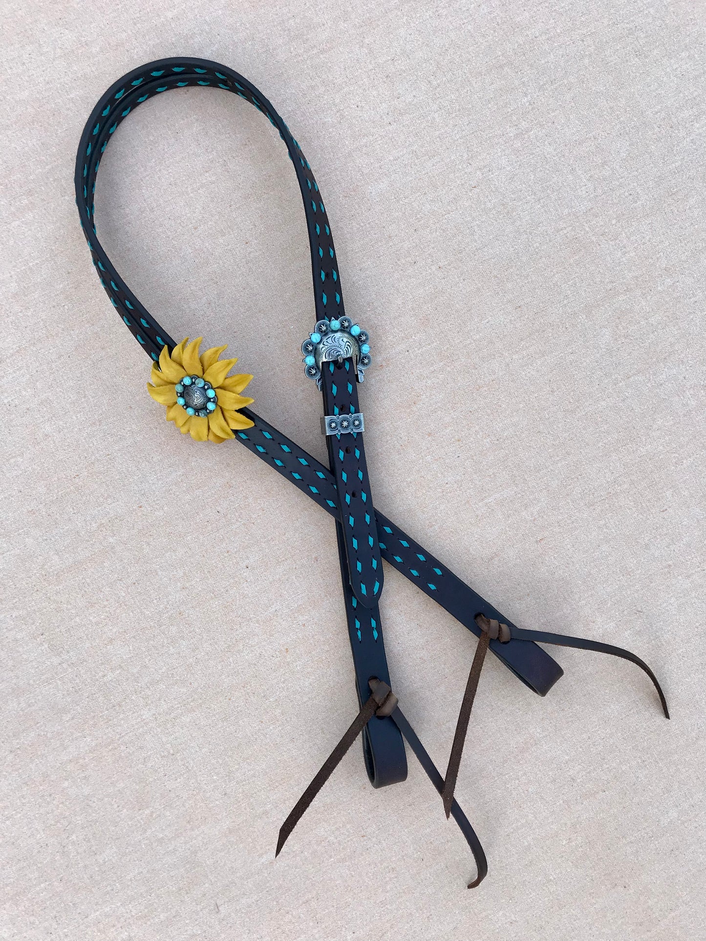 Chocolate Headstall with Turquoise Buckstitch and Sunflower Posey