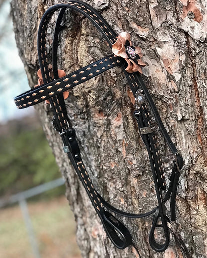 Leather Browband Headstall with Rose Gold Buckstitch