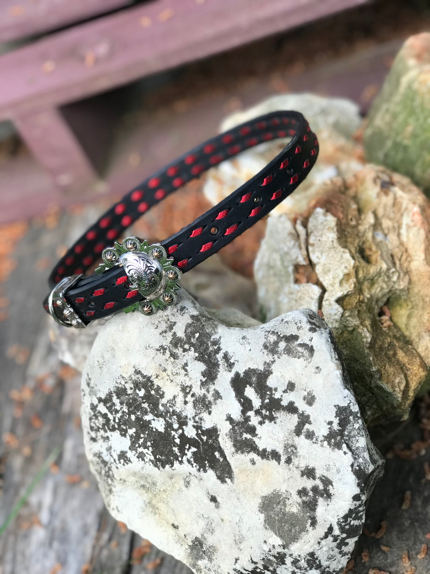 Black Leather Dog Collar with Metallic Red Buckstitch