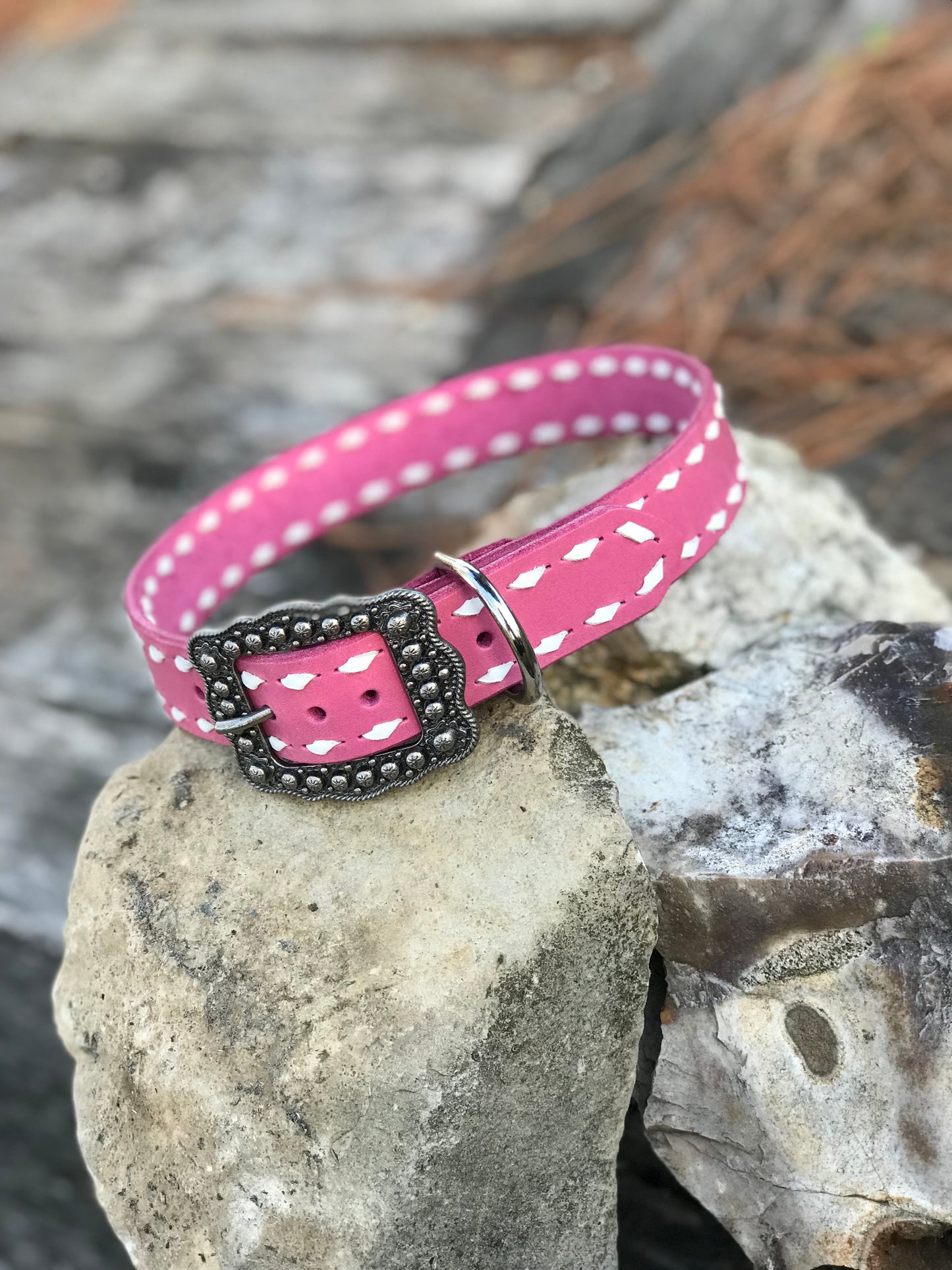 “Barbie Girl” Bubblegum Pink Leather Collar with White Buckstitch