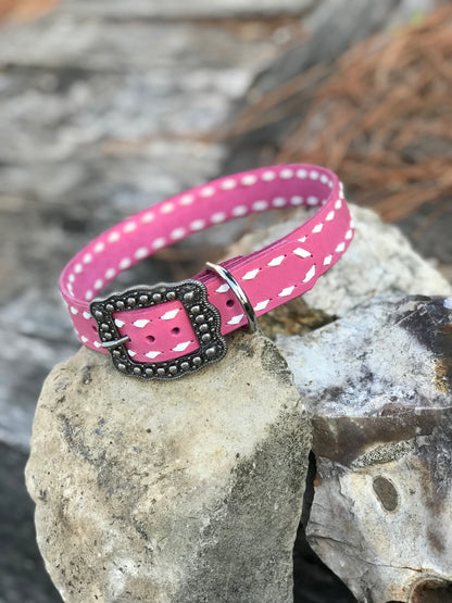 “Barbie Girl” Bubblegum Pink Leather Collar with White Buckstitch