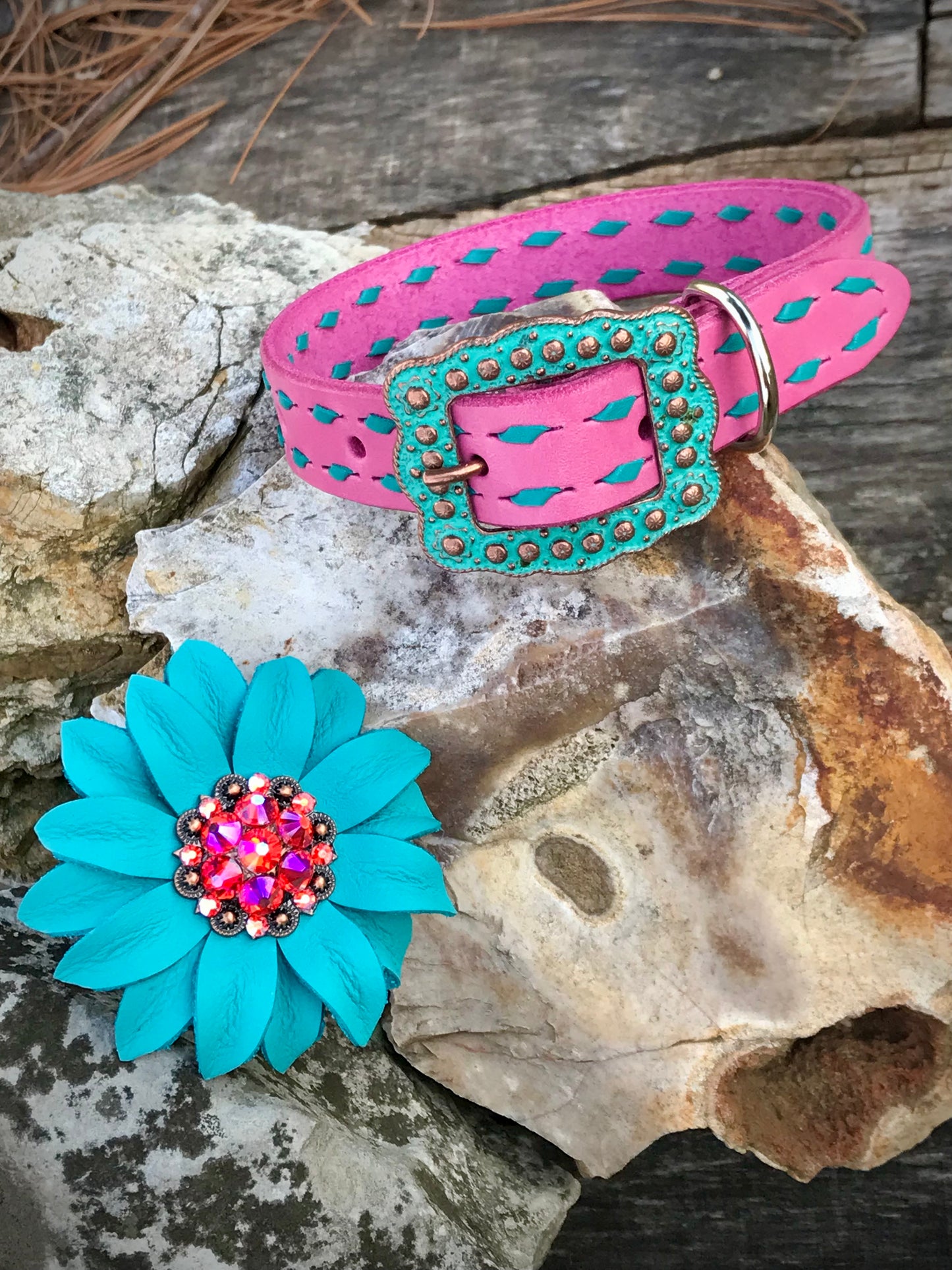 Bubblegum Pink Dog Collar with Turquoise Buckstitch and matching Flower Concho