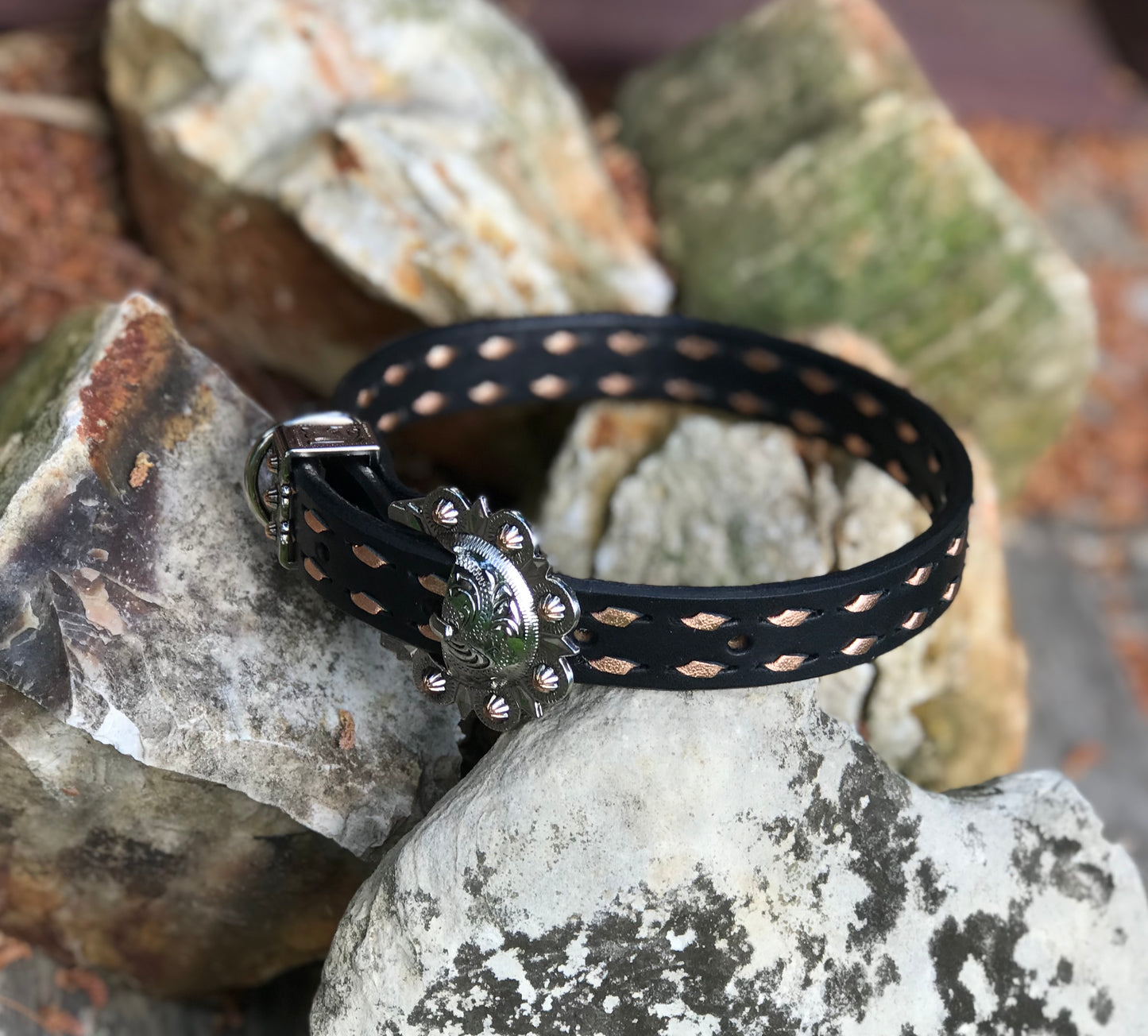 Black Leather Dog Collar with Rose Gold Buckstitch