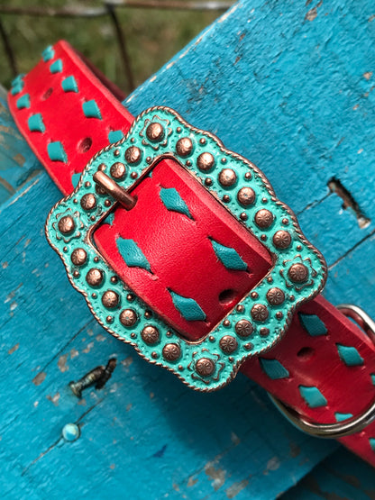 Red Leather Collar with Turquoise Buckstitch