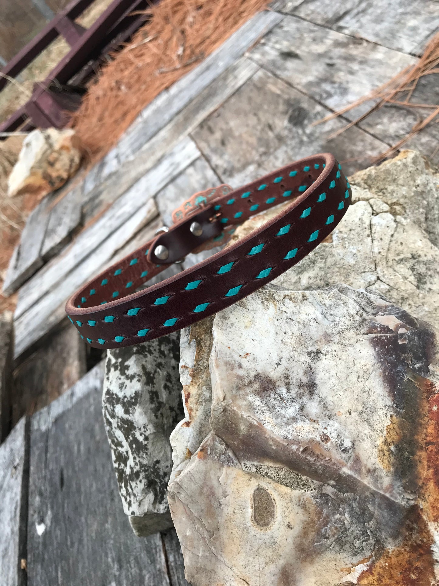 Chocolate Leather Dog Collar with Turquoise Buckstitch