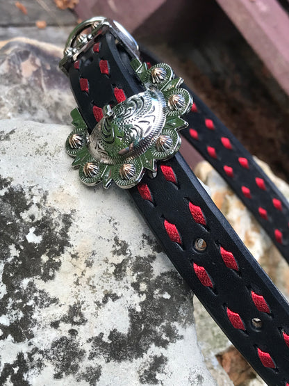 Black Leather Dog Collar with Metallic Red Buckstitch