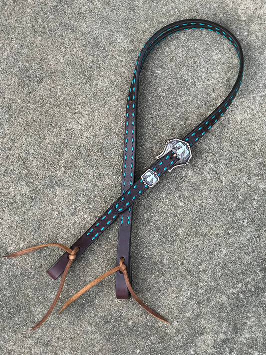 Chocolate Leather Thunderbird Headstall with Turquoise Buckstitch