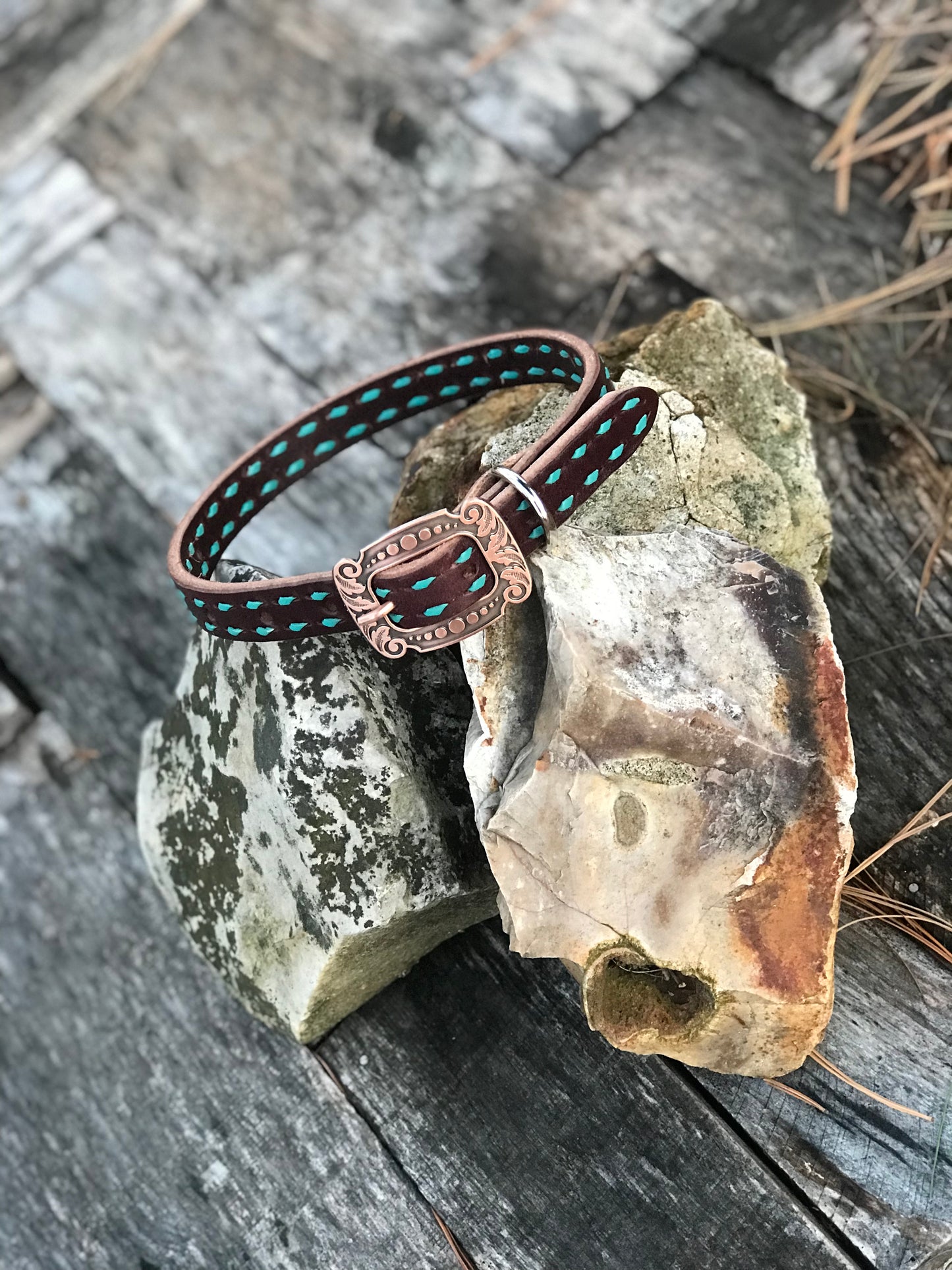 Chocolate Leather Dog Collar with Turquoise Buckstitch