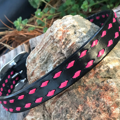 Black Leather Dog Collar with Pink Buckstitch