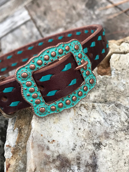 Chocolate Leather Dog Collar with Turquoise Buckstitch