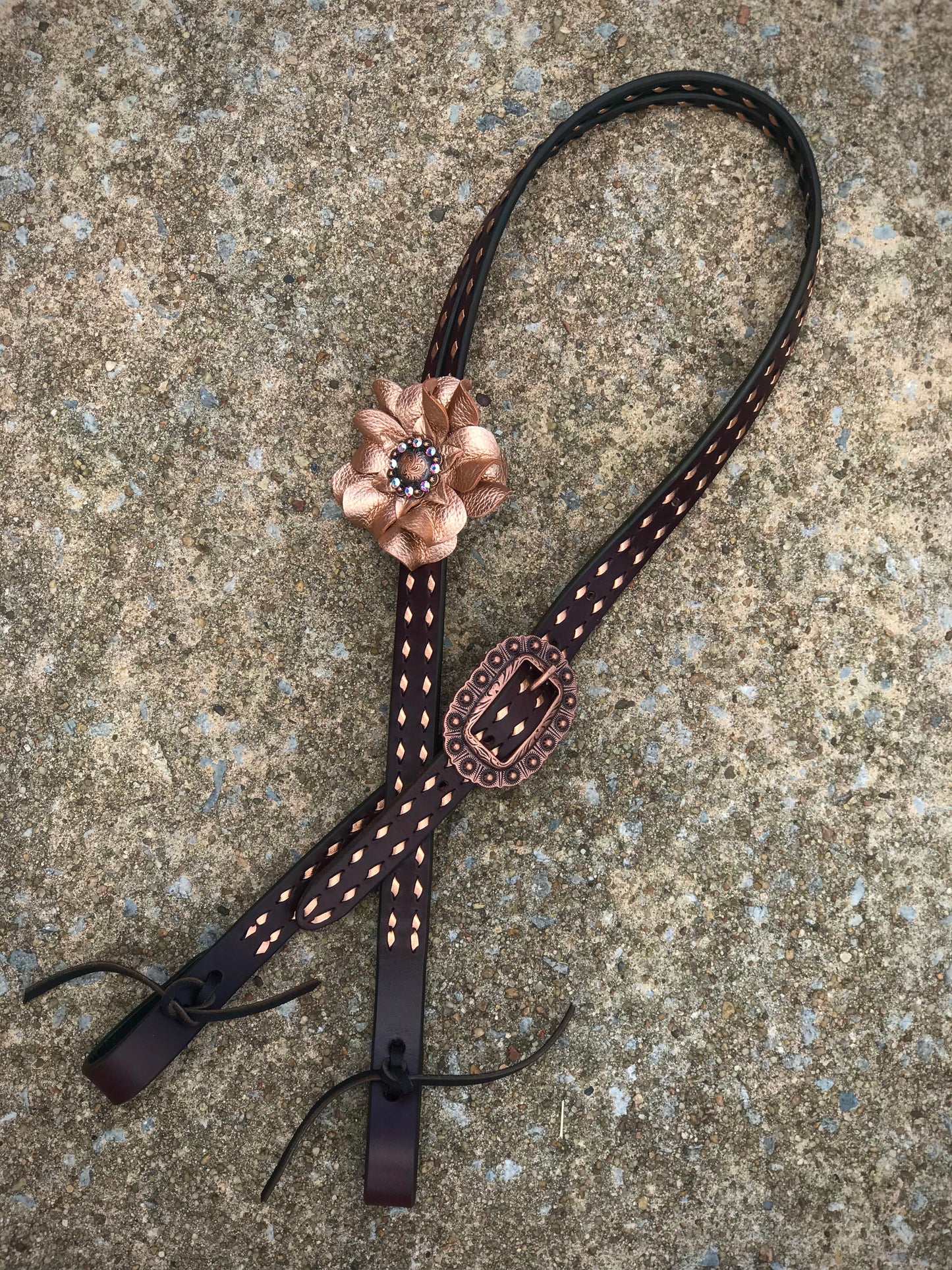 Chocolate Leather Headstall with Rose Gold Buckstitch