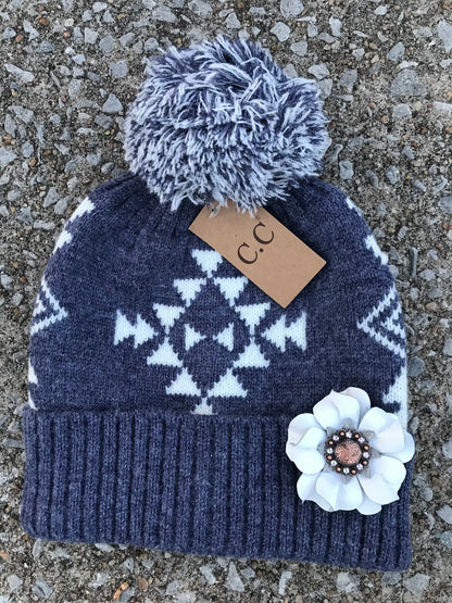 Blue Aztec CC Beanie with Punchy Posey