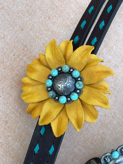 Chocolate Headstall with Turquoise Buckstitch and Sunflower Posey