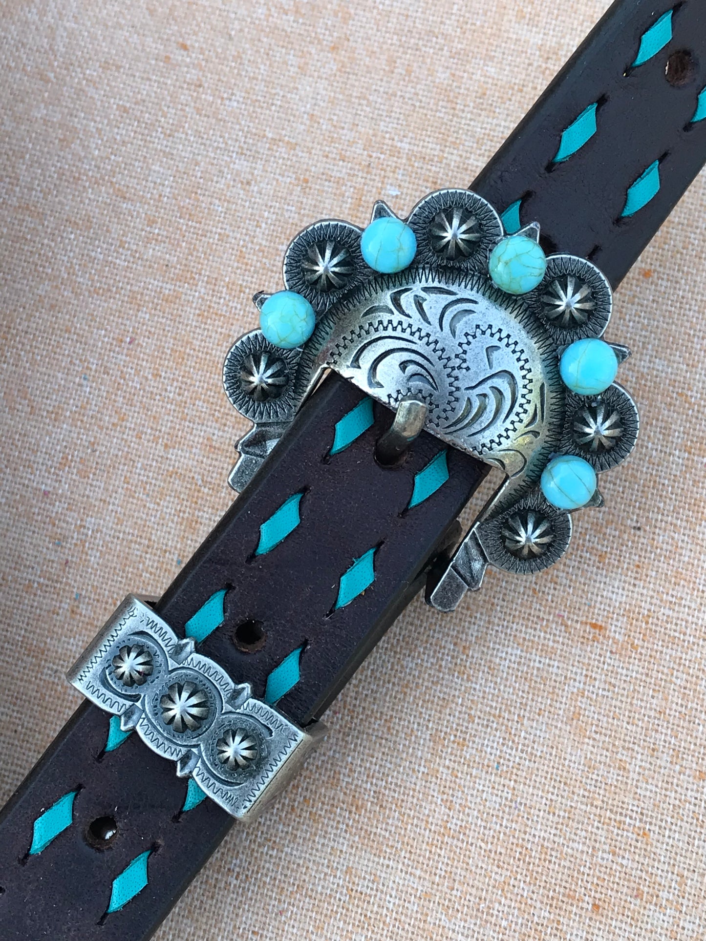 Chocolate Headstall with Turquoise Buckstitch and Sunflower Posey