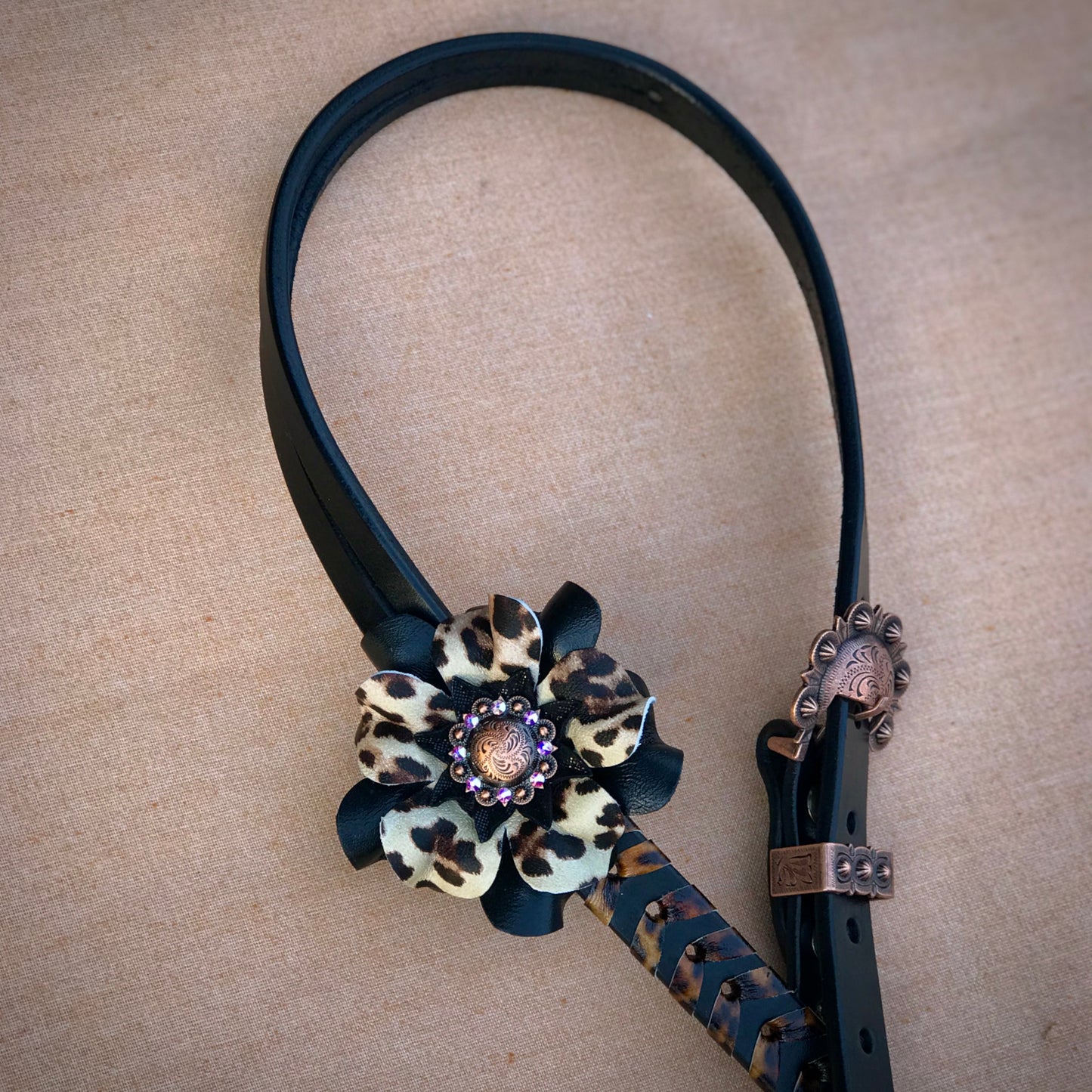 Black Leopard Laced Headstall with matching Punchy Posey