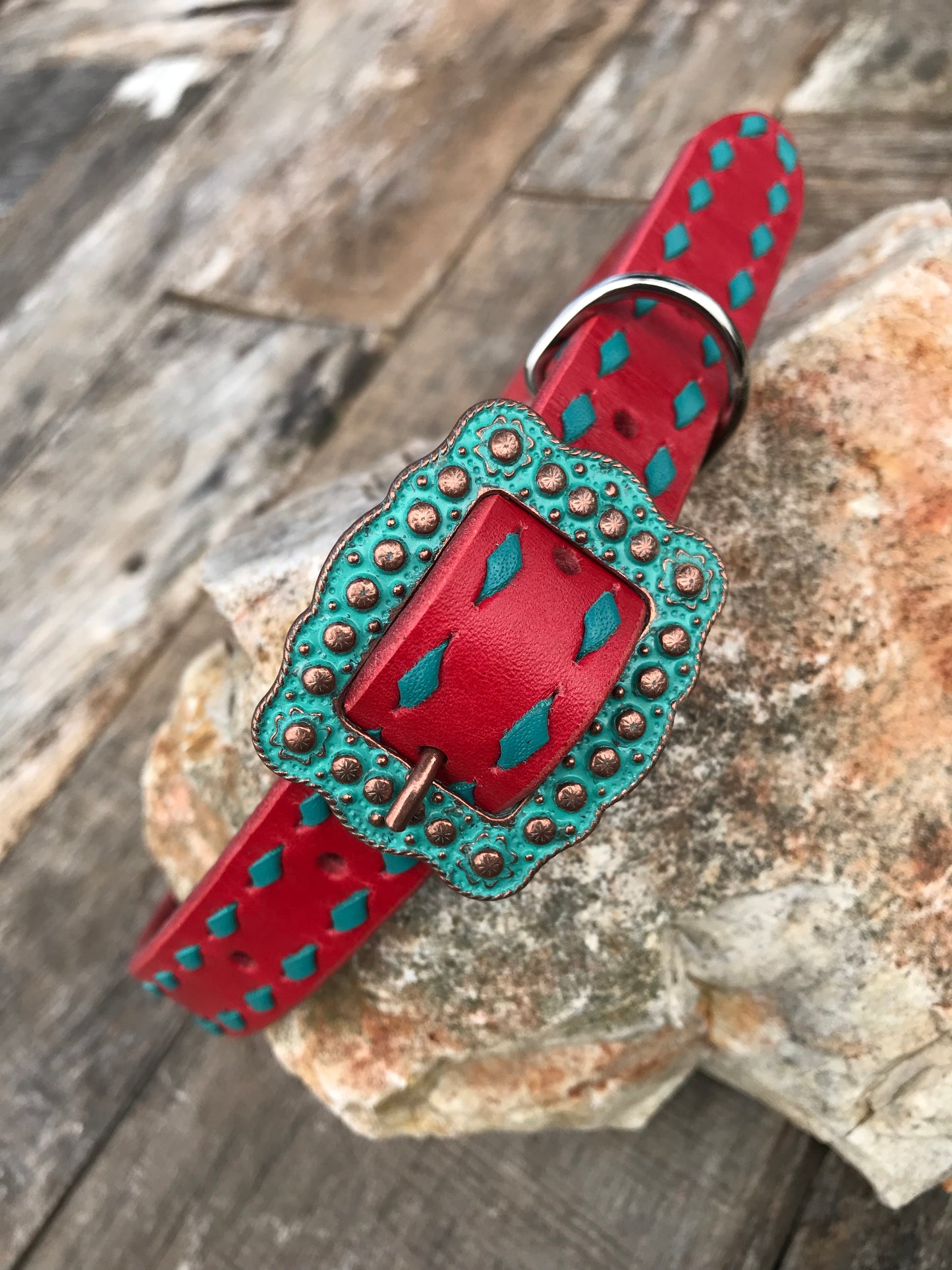 Red Leather Collar with Turquoise Buckstitch