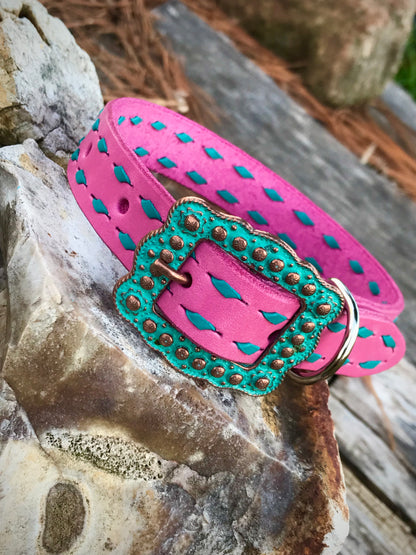 Bubblegum Pink Dog Collar with Turquoise Buckstitch and matching Flower Concho