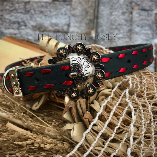 Black Leather Dog Collar with Metallic Red Buckstitch